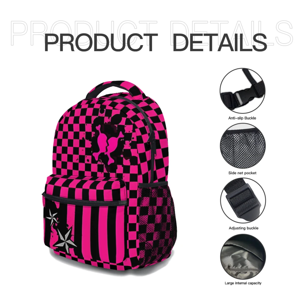 Punky rosa emo impresso mochila casual leve, mochila infantil de 17"