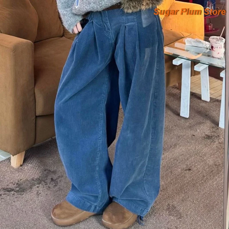 American Retro Hot Girl Adjustable Waist Blue Corduroy Pants for Women, New Autumn/Winter Small-Brand Casual Wide-Leg Design