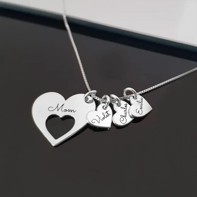 Personalized Name Hearts Necklace For Mom Engraved With Multiple Kids Names Customized Stainless Steel Jewelry Mother's Day Gift