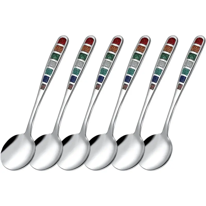 

YANA50I European 7.24" Spoon Set- Stainless Steel Colorful Enamel Soup Drinking Utensils, Dishwasher Safe(6 Pieces)