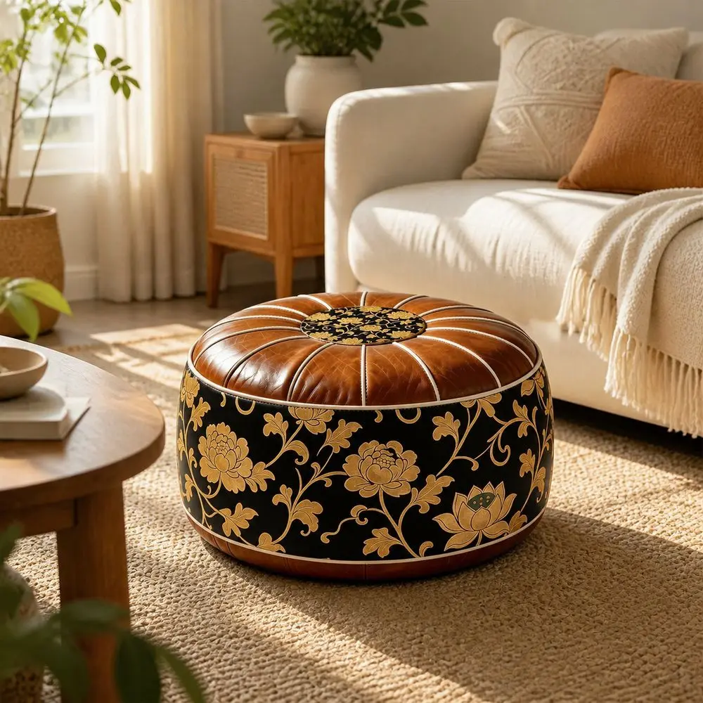 Boho Pattern Ottoman Pouf PU Leather Large Opening Footstool Cover Water Resistant Fillable Design Storage Ottoman Living Room