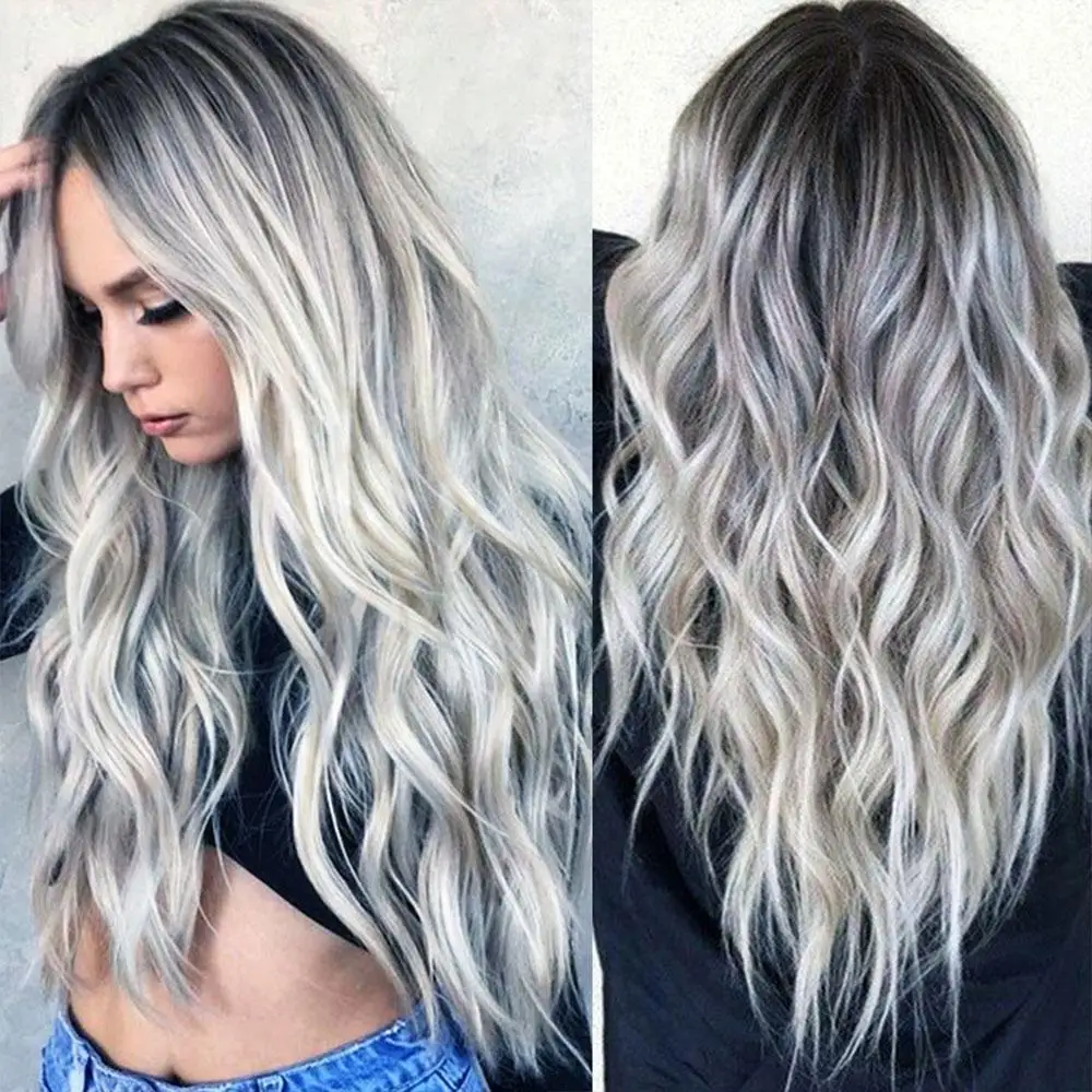 Peruca de cabelo sintético ondulado longo para mulheres e meninas, perucas naturais completas, resistente ao calor, Ombre Silver, cosplay Party