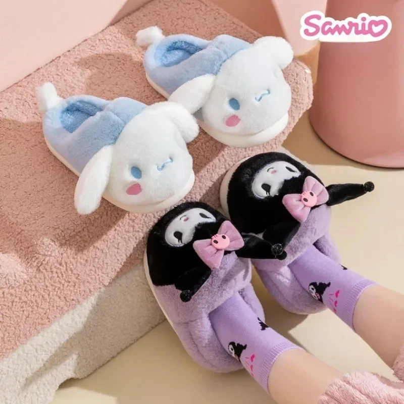 Sanrio Hello Kitty Plush Slippers Anime Character Kuromi My Melody Accessories Women\'s Home Kawaii Soft Sole Non Slip Slippers