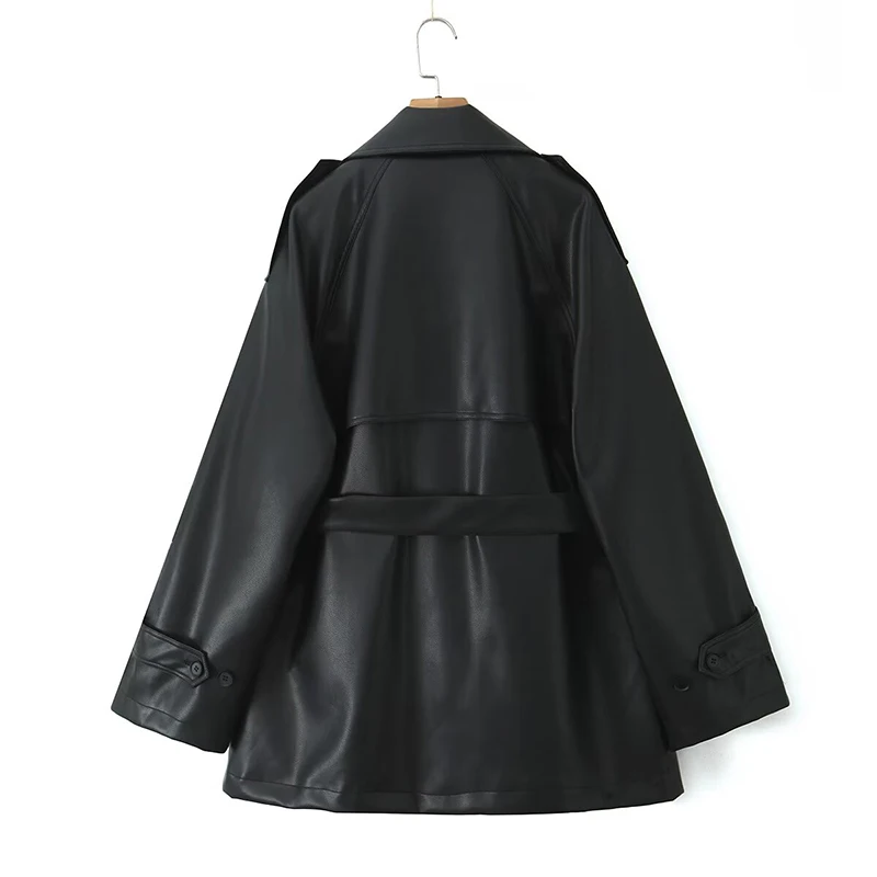 YENKYE Women Black Faux Leather Trench Coat Long Sleeve With Belt Double Breasted Oversize Windbreaker Autumn Winter Overcoat