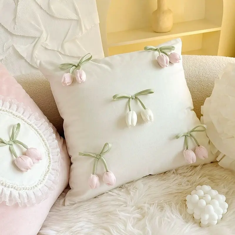 Nordic Cute Pillow Cover Pink Handmade Tulip Home Sofa Car Room Office School Nap Cushions Sleep Back Cushion Cover High-quality