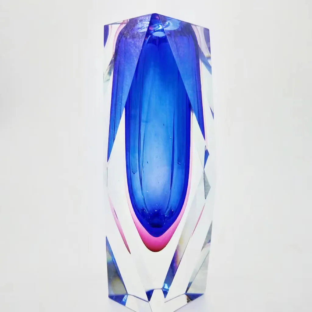 Modern Artistic Design Hand Blown Murano Glass Vase Simple Blue and Pink Cut Art Glass
