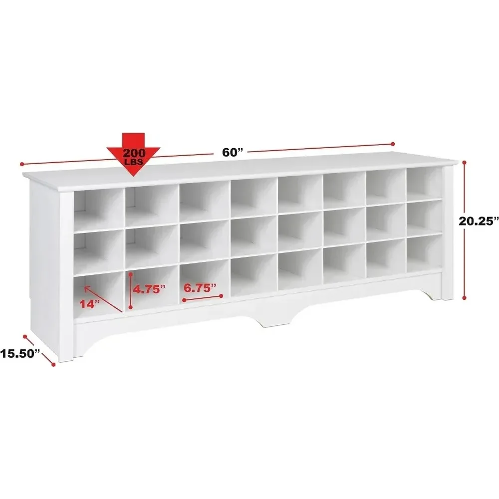 White Hall Bench with Storage and Seating: 24-Shoe Cubby Bench, Ideal White Shoe Rack for Entryway,Or a living room cabinet