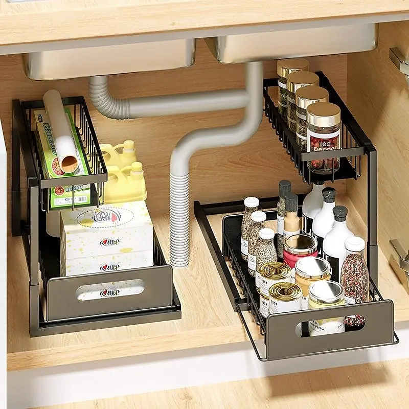 Imagem -03 - L-shaped Cozinha Rack Deslizante Gabinete Under Sink Prateleira do Banheiro Gavetas Organizadores e Armazenamento 2-tier