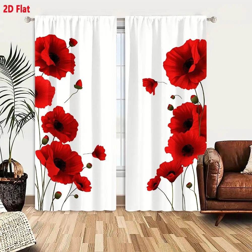 2Pcs Curtains 2D Flat Symmetrical Red Poppies Floral Arrangement On White Background Window Drapes for Bedroom Room Decor Decora