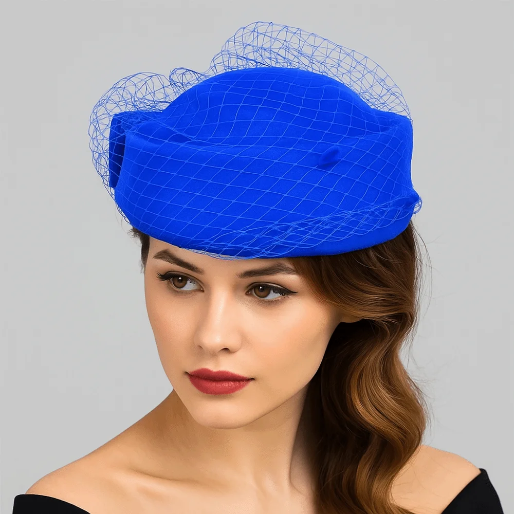 Jazz Hat Mesh Wool Bow Hat with Veil Solid Color Cashmere Pillbox Hat British Style Photography Decoration Topper Hat Wedding