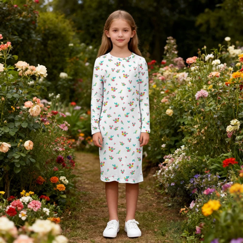 

Soft and Comfortable Children's Dress 2025 Girls Floral Print Long Sleeve Dress - Cute Casual Medium and Long Dress