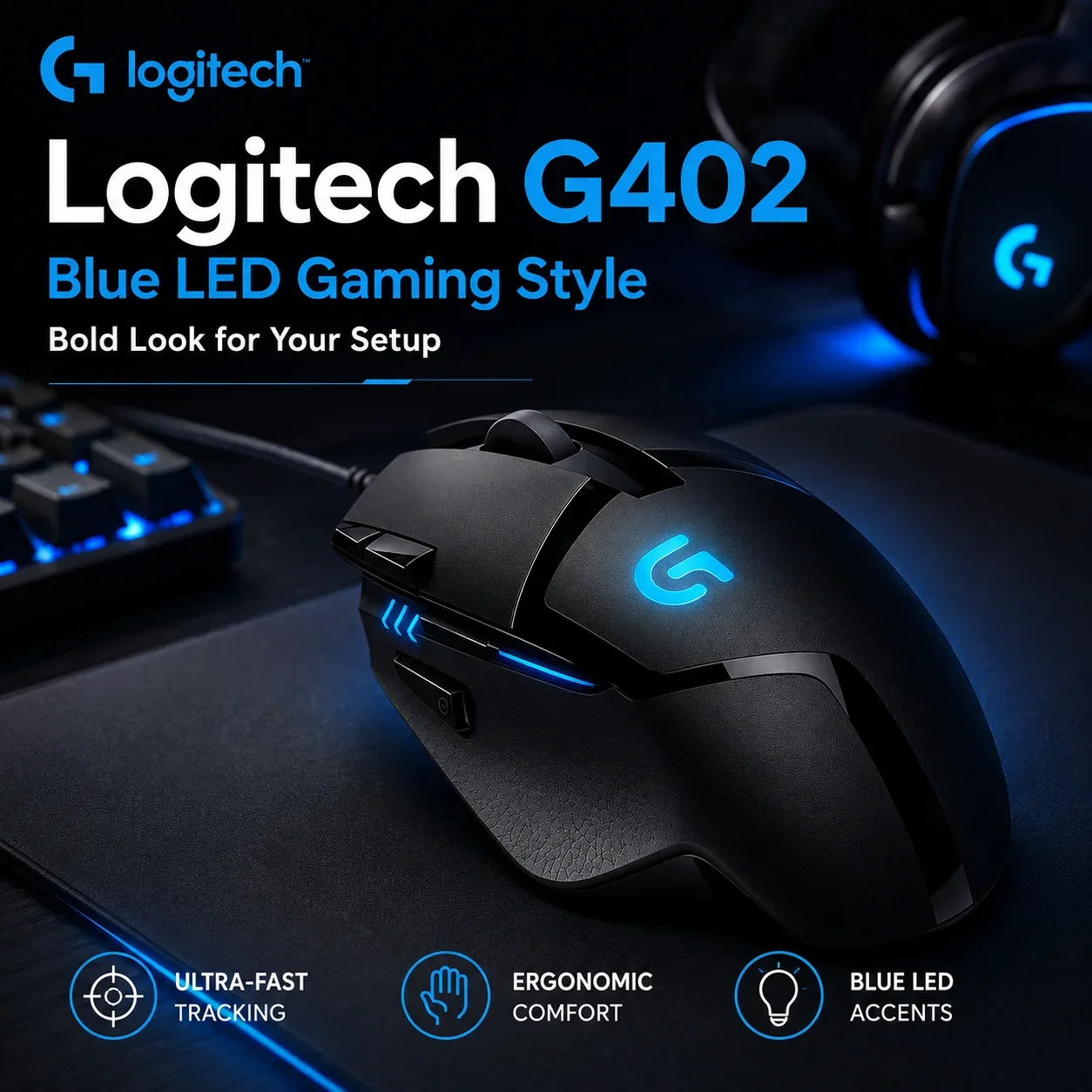Logitech G402 Hyperion Fury Mouse Wired 4000 DPI 32-bit ARM Processor 1000Hz Polling Rate 8 Macros for Competitive Shooter PC