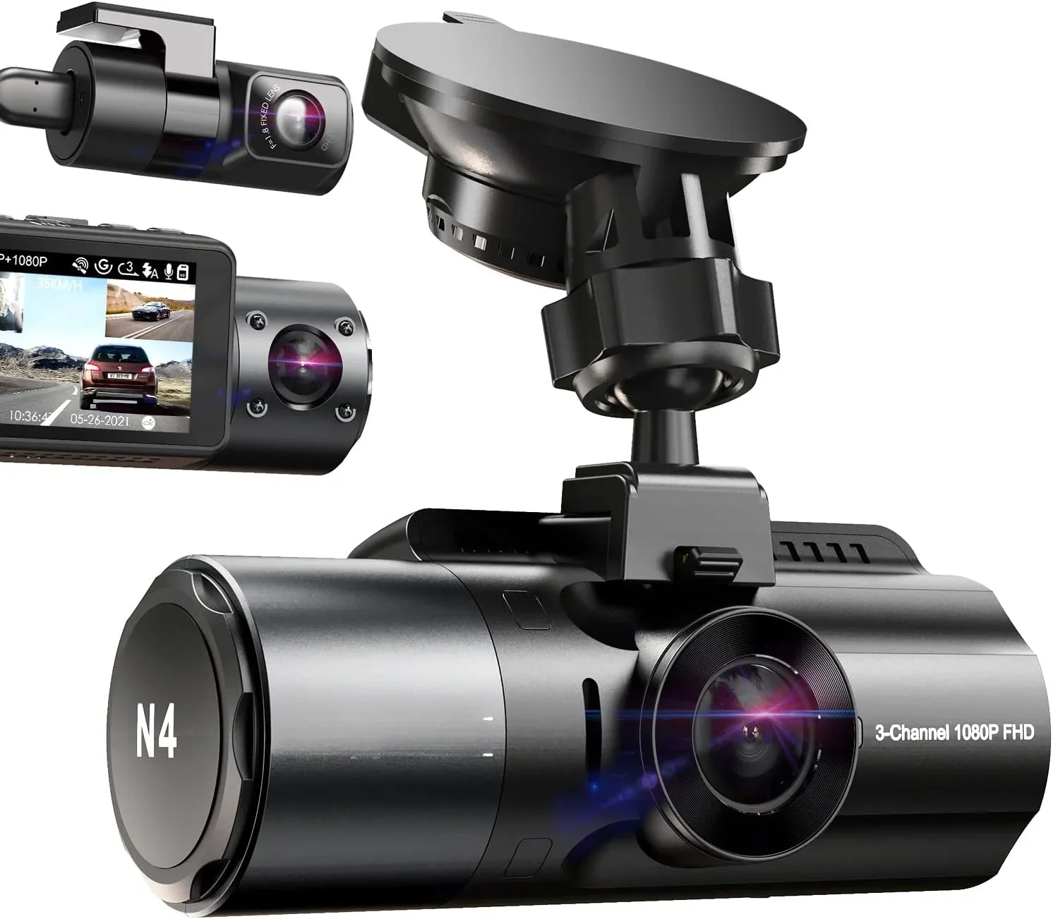 For N4 3 Channel Dash Cam, 4K+1080P Front and Rear, 1440P+1440P Front and Inside, 1440P+1440P+1080P Three Way