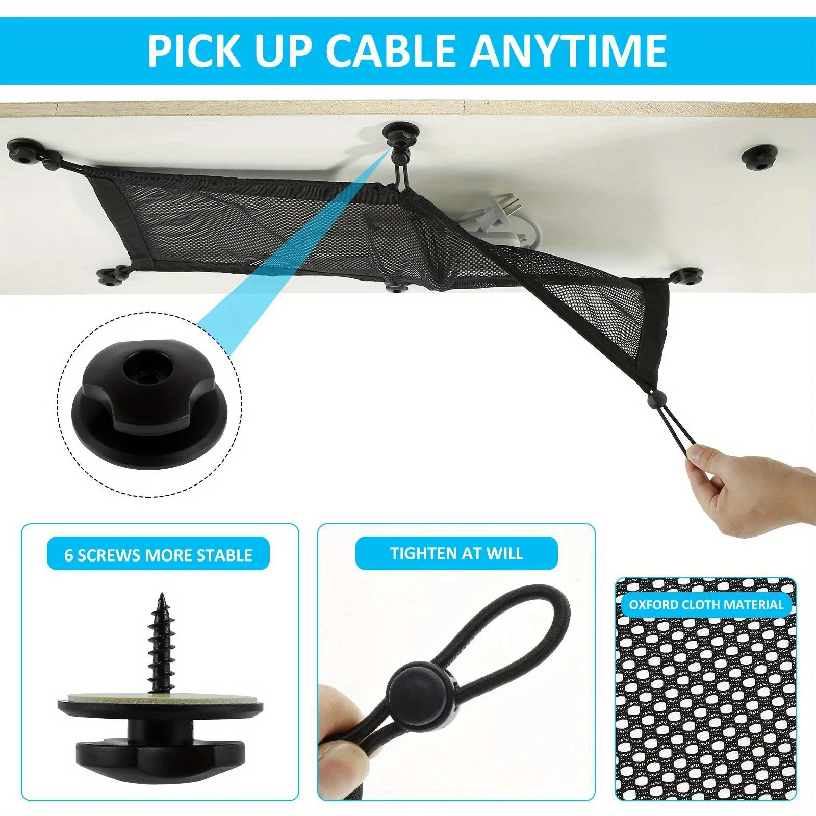 شبكة إدارة الكابلات تحت المكتب - منظم شبكي بمقبس 8 فتحات مع حافة مرنة، مخفي سلكي مرن للمكتب والمنزل