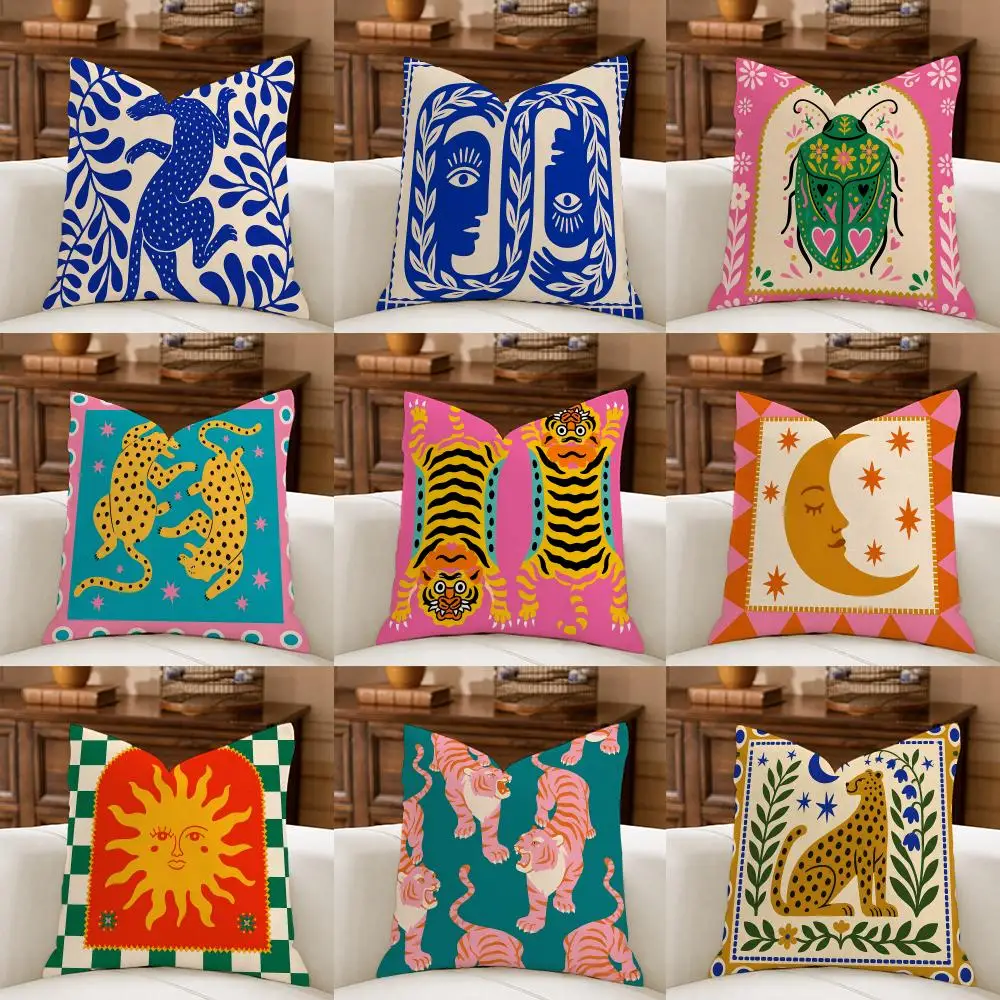 Folk Art Animal Colorful Cushion Cover Natural Breathable Durable Linen Printed Decor Pillow Case Sofa Bedroom