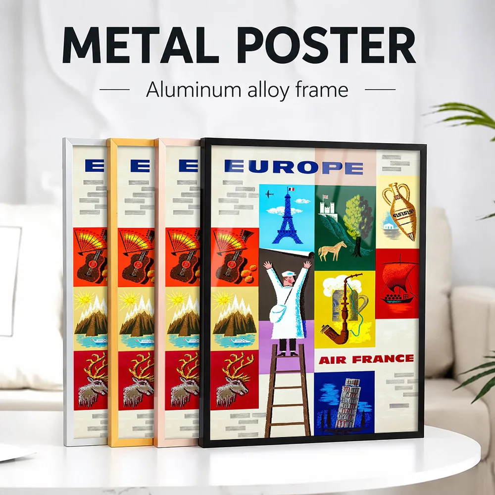 Europe Air France Travel Framed Aluminum Metal Poster Customized Photo Classic Postcard Style Wall Art For Study Explorer Gift