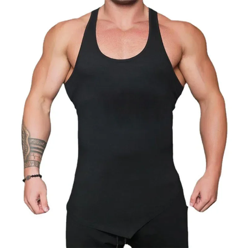 Running Vests Men Irregular Hem Gym Stringer Tank Tops Cotton Bodybuilding Clothing Fitness Singlets Y Back Sleeveless Shirt