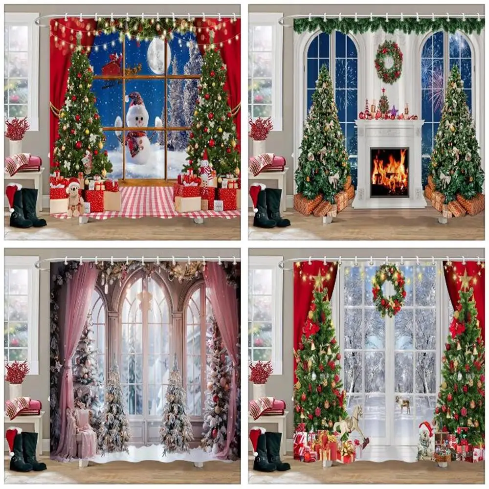 Christmas Party Shower Curtains Fireplace Christmas Tree and Gifts Snowman Snow Scene Washable Shower Curtain Art Bathroom Decor