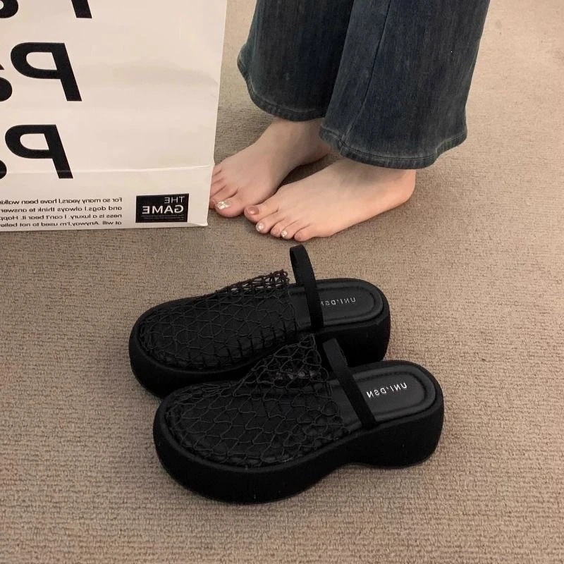 Women Mesh Wedges Platform Sandals Hollow Slippers New Mules Shoes 2025 Summer New Designer Slingback Casual Shoes Flip Flops