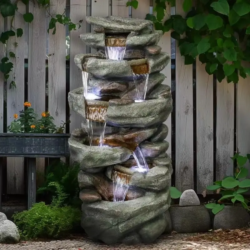 40.5” High Rocks Outdoor Water Fountain - 6-Tiers Cascading Waterfall with LED Lights, Soothing Tranquility for Home Garden, Yar