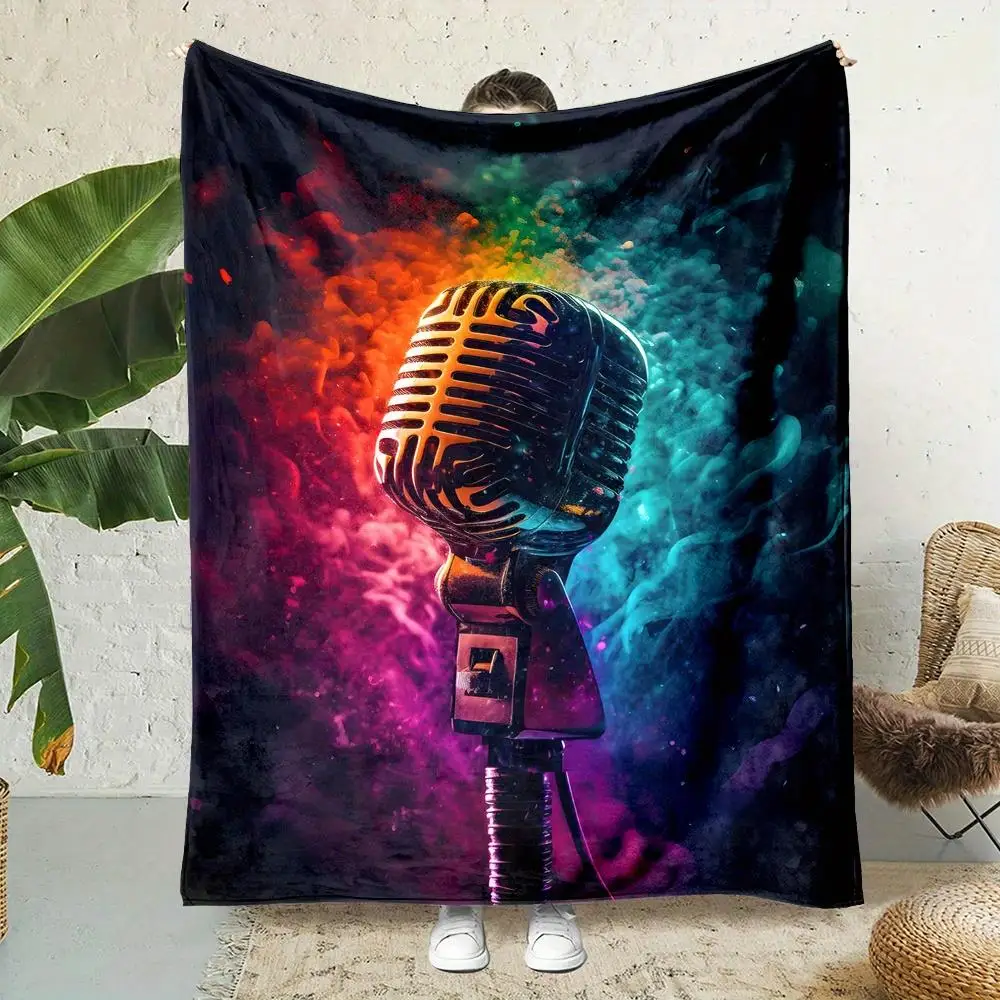 1pc Neon Microphone Music Note & Sound Wave Print Reversible Blanket - Neon Green, Pink, Blue, Black, Golden Retro 80s Theme