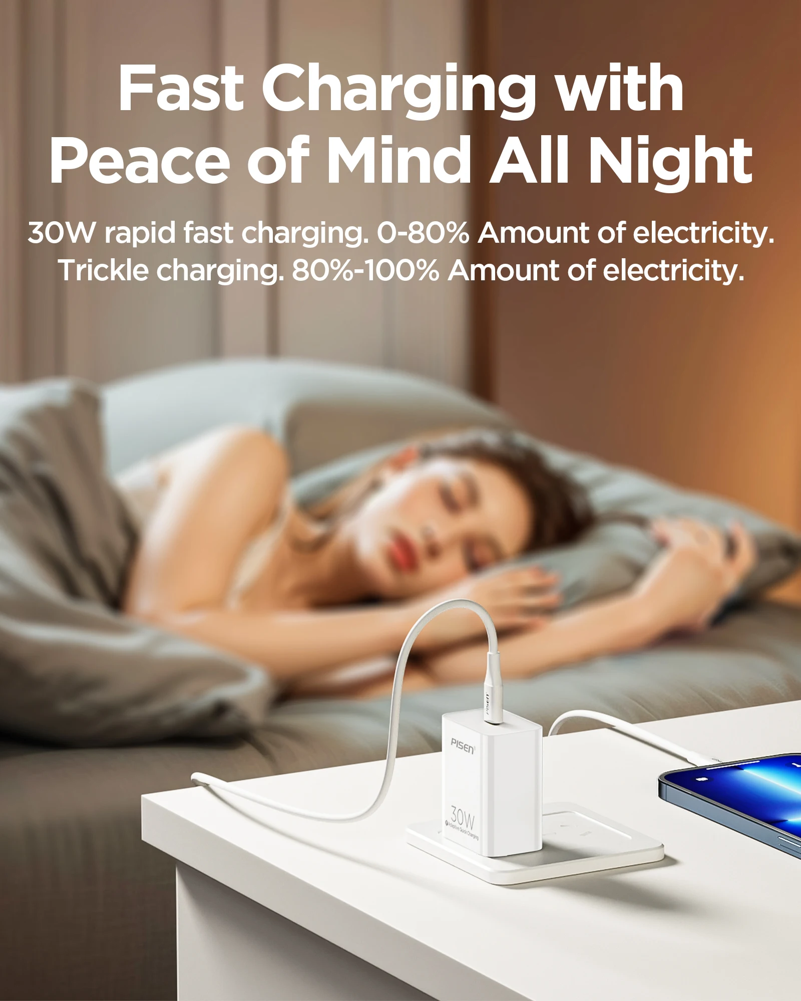 كتلة شاحن سريع PISEN 30W USB-C مع PD3.0، تتضمن كابل Lightning بطول 4 أقدام من النوع C، ومحول طاقة 30 وات متوافق مع iPhone #6