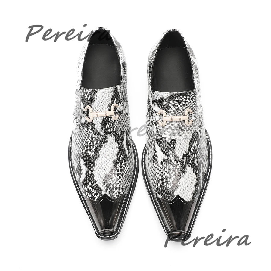 Trend Iron Toe Metal Buckle Business Dress Shoes Snake Patterned Genuine Leather Men's Loafers Summer New Party Banquet Shoes