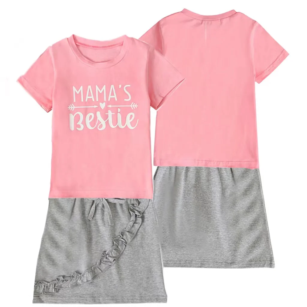 

Children's Clothing Summer Pink Short Sleeved Paired With Gray Short Skirt Two Piece Set For Girls Daily Leisure Set