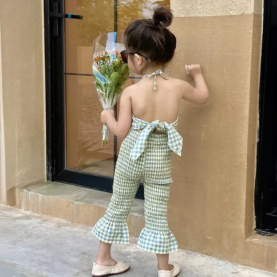 Girls' Suit Plaid Backless Elastic Suspender Top Plus Bell Pants 2025 Summer New Foreign Trade Children's Clothing