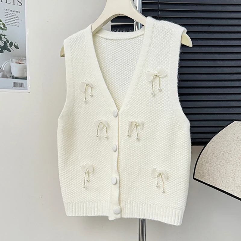 HELIAR Women Single-breasted Cardigan Bowknot Sweet Sweater Vest Sleeveless Knitted Vest Casual Office Waistcoat Autumn Winter