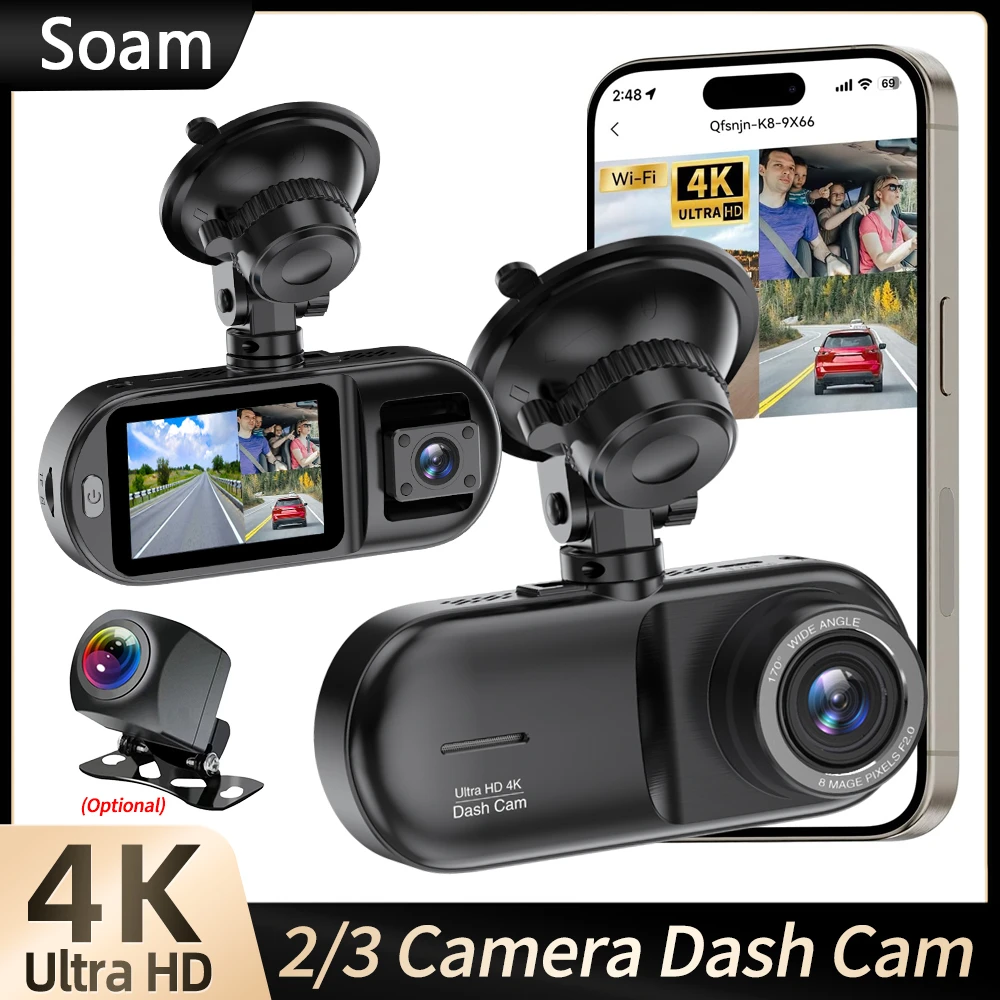 

Soam V25 Pro Car DVR Dash Cam 4K 5.8Ghz WiFi 2/3 Cameras Front/Cabin/Rear Cam Recorder IR Night Vision Parking Monitor Black Box