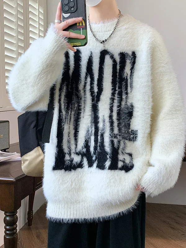 

Thiened round Ne Sweatirt Men's Knittedwear Winter Warm Letter Print Loose Fit Teenage Boy's Faux Fur Sensation