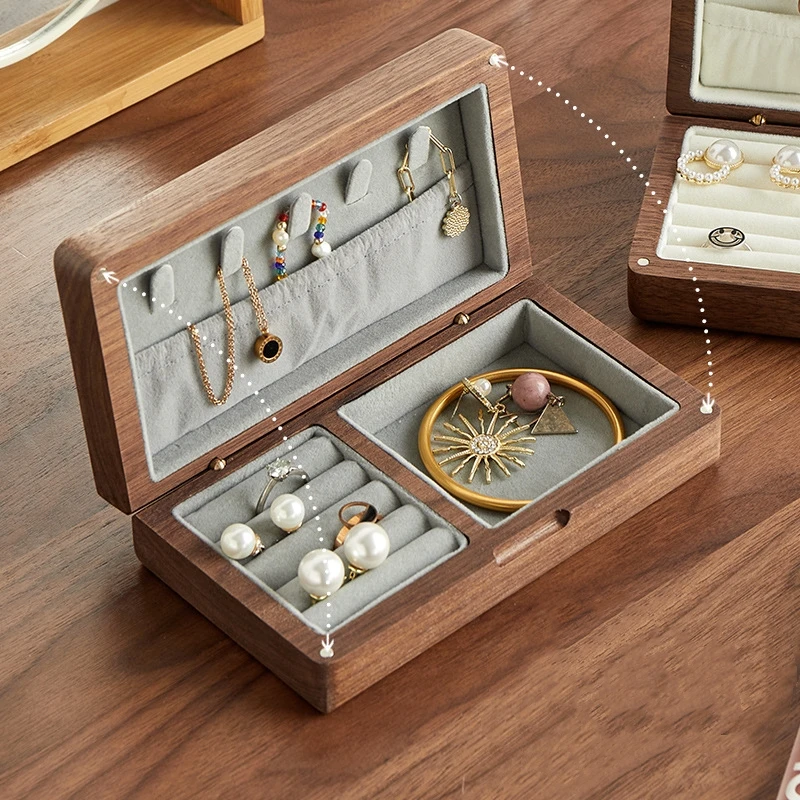 

Flannelette Jewelry Box Organiser Portable Storage Box Luxurious Black Walnut Vintage Necklace Earrings Ring Travel Pure Wood