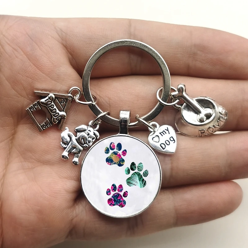 Cute Pet Dog Keychain Paw Dog Glass Cabochon KeyRing Top Dog House Charms Keychains I Love My Dog Pendant Keychain Gifts