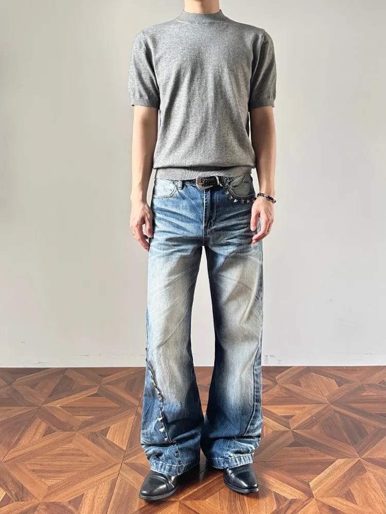 Parisian Rivet Design Washed Blue Jeans Men's Straight Leg Micro Flared American Street Vibe Retro Trousers