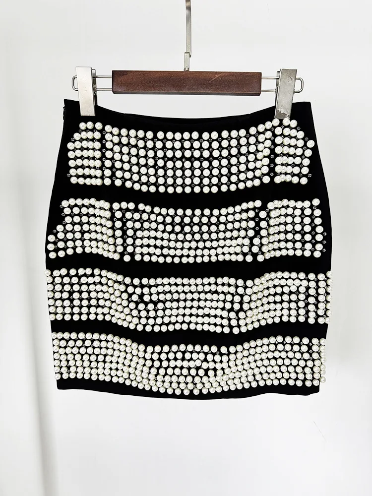 HIGH QUALITY New Fashion 2026 Designer Blazer Suit Set Women\'s Single Button Diamonds Beaded Blazer Pearl beading Skirt Sets