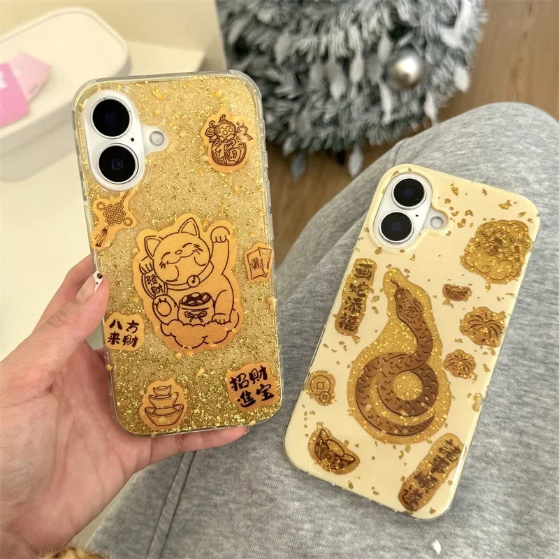 Lunar New Year Snake Chinese style lucky charm glitter Phone case For iPhone 16 15 14 13 Pro Max Case Cute Luxury Cartoon Cover