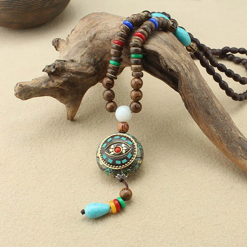 DIY accessories Vintage Nepalese pendant sweater chain wooden Buddha bead long thangka necklace men and women versatile ethnic s