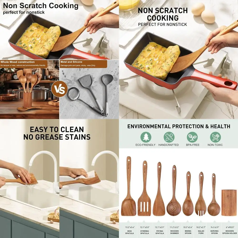 

8-Piece Natural Wood Kitchen Utensil Set: Spatulas, Spoons, Ladles, Strainer, Salad Fork, Mixing Spoon with Holder