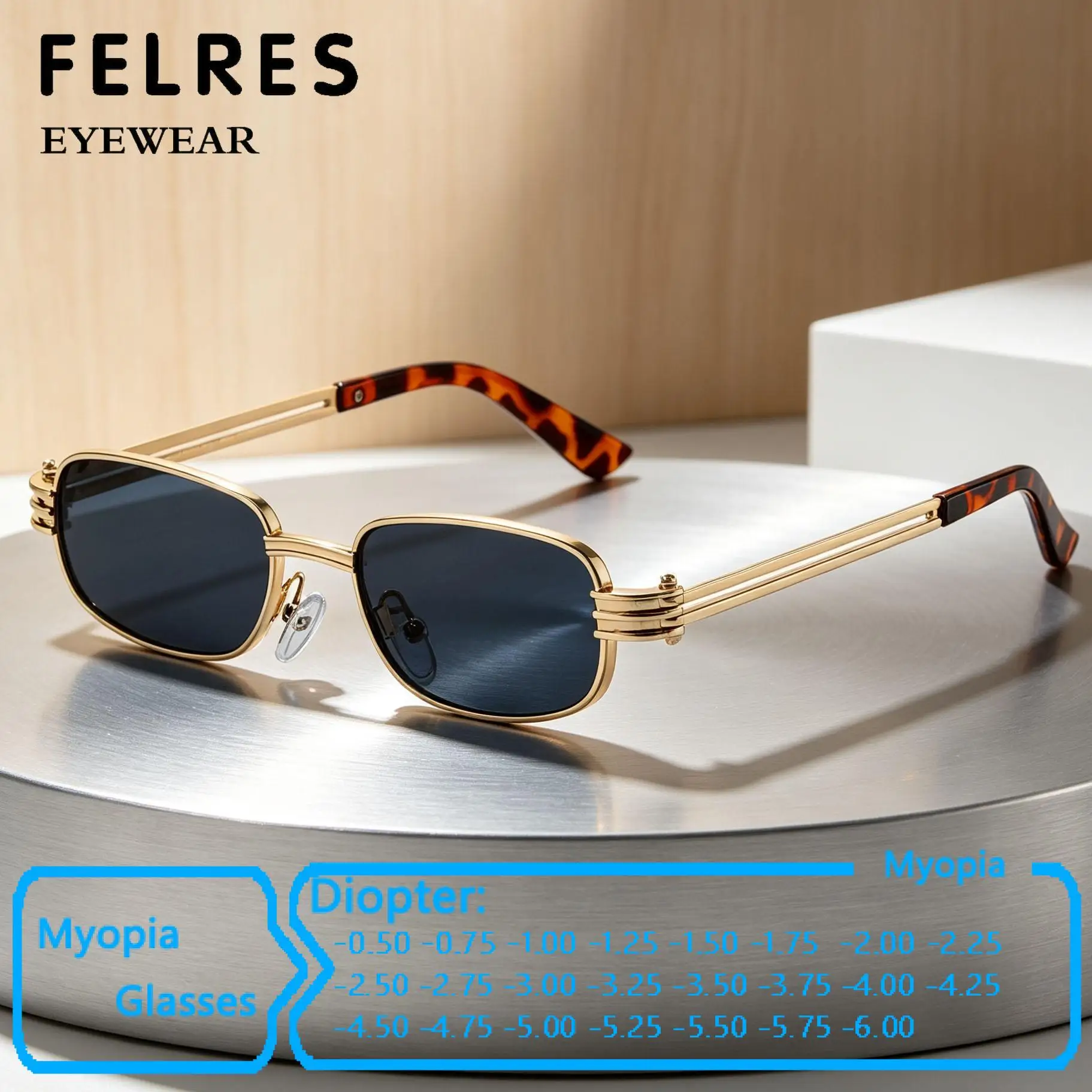 Brand Men Women Square Metal Black Myopia Sunglasses Classic Outdoor Shade Finished Nearsighted Eyewear Negative Diopter