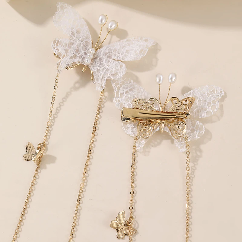 2pcs/set Metal Chain Butterfly Side Hair Clip – Flowing Tassel, Perfect for Ponytail Decoration & Daily Styling.