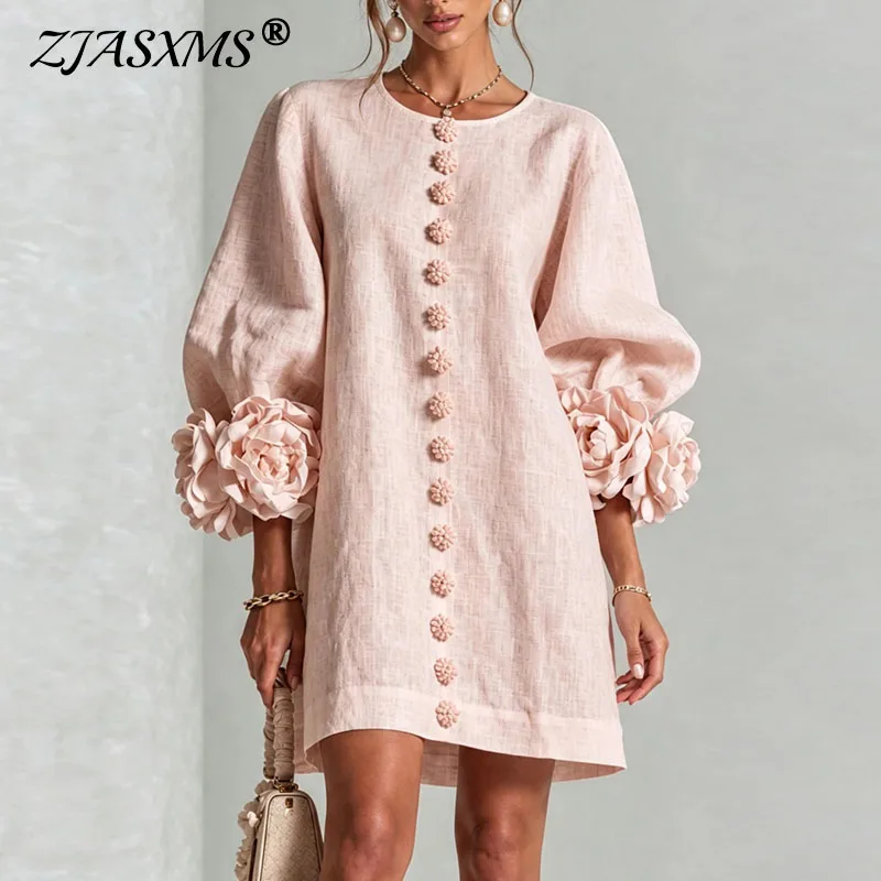 3D-Blumen-Manschetten-Minikleid für Damen, Rundhals, Puffärmel, Knöpfe, Loses Einfarbiges Kleid, Elegantes Hochzeitsgast-Freizeitkleid