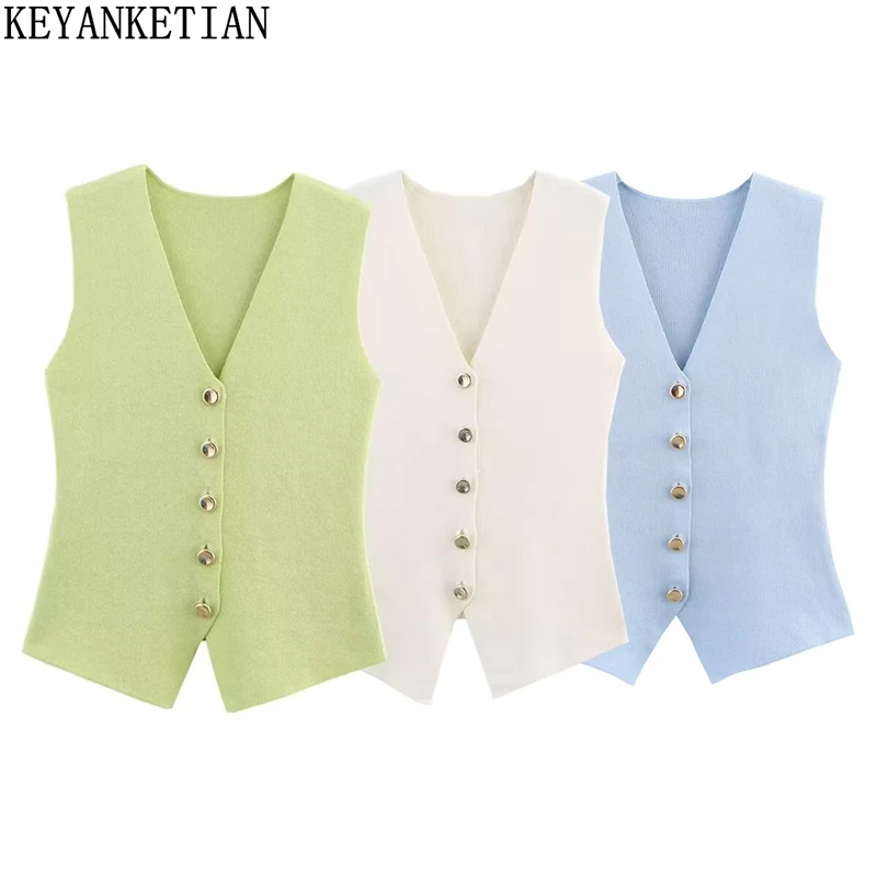 

KEYANKETIAN 2025 Summer New Women's Single Breasted Knit Vest Fashion Simple style Slim V-Neck Sleeveless Camisole Crop Top