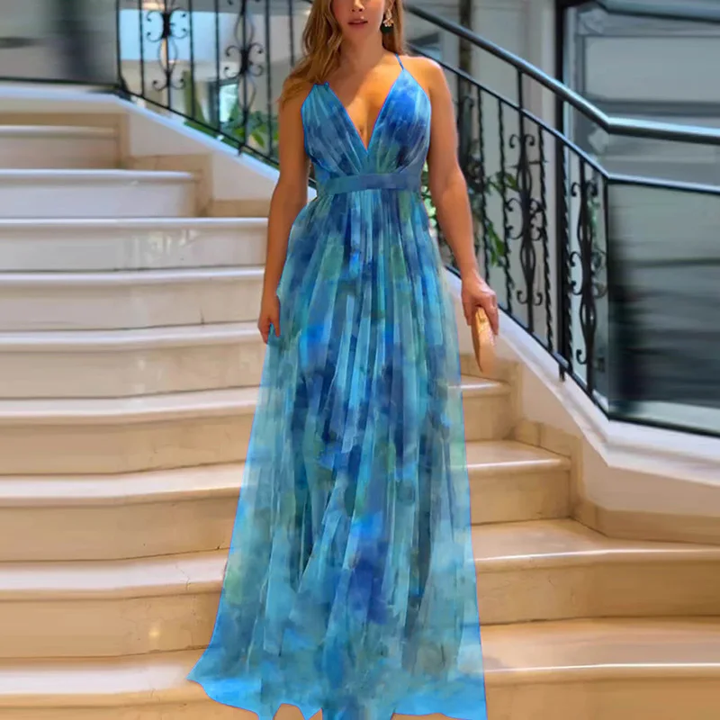 Boho Style Floral Print Mesh Long Dress Women 2025 Spring V Neck High Waist Swing Party Dress SUmmer Sleeveless Sling Maxi Dress