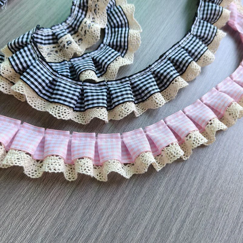 2/5Yards Gingham Pleated Ruffle Lace Edge Trim Check Plaid Ribbon Hollow Crochet Lace for Sewing Crafts Lolita Clothing Ornament