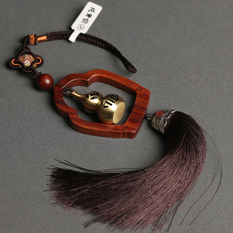 Pure Brass Hollow Lettering Fu Lu Copper Gourd Car Hanging Chinese Knot Tassel Ebony Sandal Wood Frame Gourd Pen Bag Chamrs