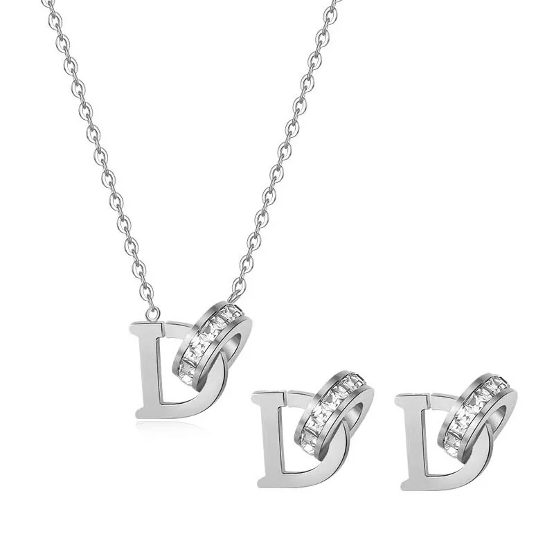 316L Stainless Steel Rose Goden D Letter Square Inlaid Crystal Woman Necklace Earrings Gril Ladies Jewelry Set