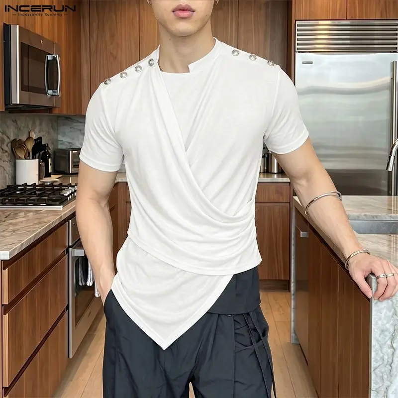INCERUN Men's Irregular T Shirt Solid Color Short Sleeve Button Male Tee Tops Summer Streetwear Knitted 2026 Fashion Men Clothes