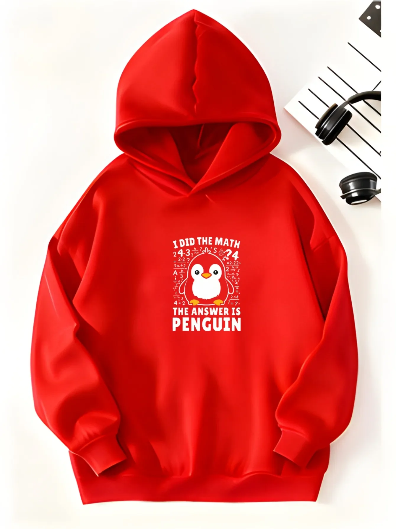 Children's Fleece-lined Hooded Sweatshirt for Autumn/winter Featuring Cute Penguin, Math, and Letter Prints; a Casual Pullover.