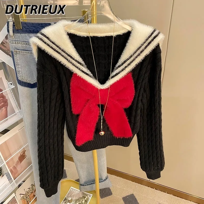 2023 Autumn New Sailor Collar Shawl Kawaii Sweet Bow Contrast Color Long Sleeve Sweater Tops Student Knitted Shirt for Women